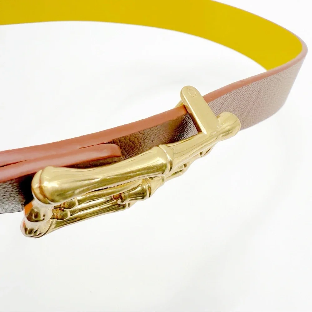 Reversible Yellow & Camel Belt With Oversized Gold Bamboo Buckle